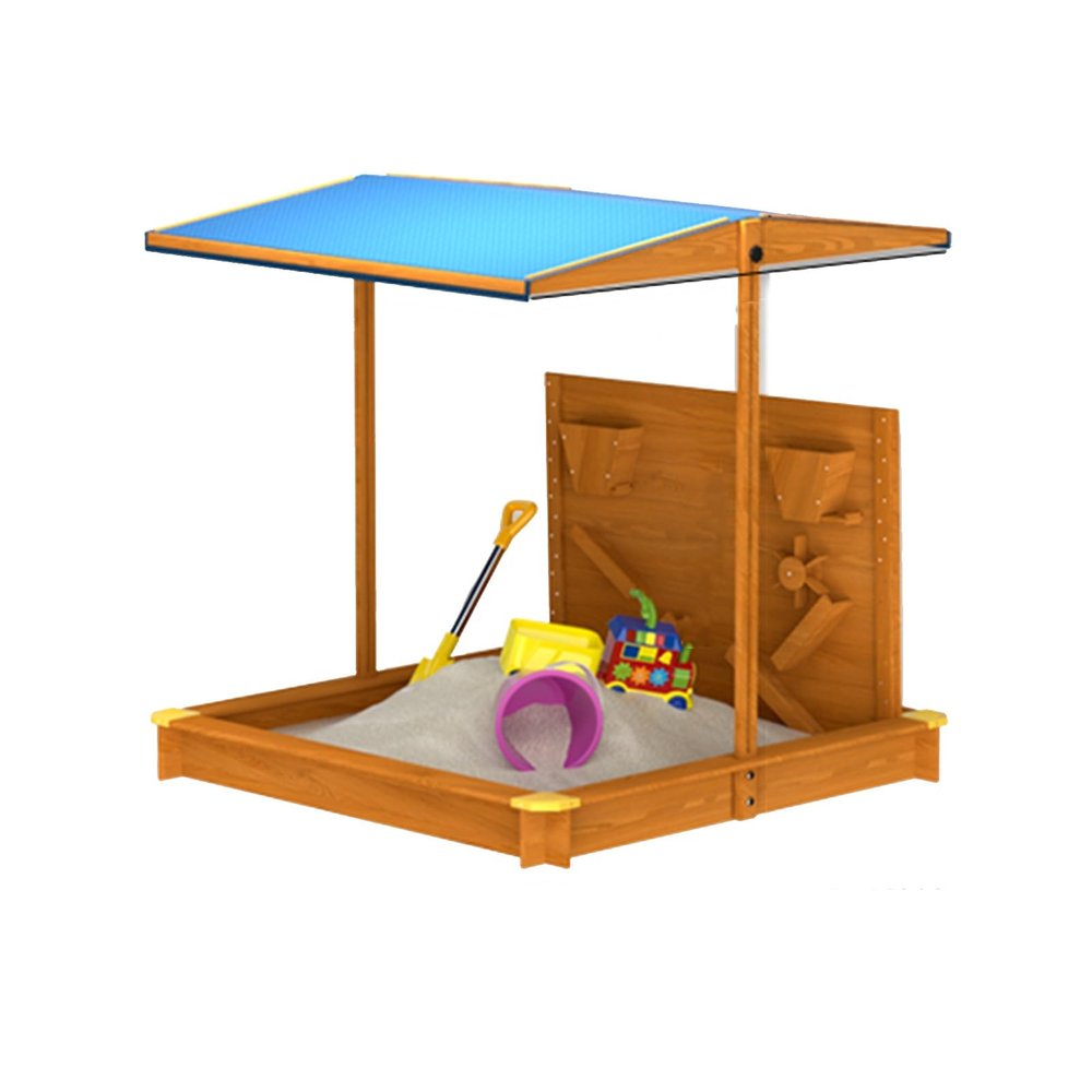 GKPSSURV Wooden Sandbox with Storage Box, Sand Box with Adjustable Canopy, Waterproof Cover, Bottom Liner, Sand Pit for Backyard Beach