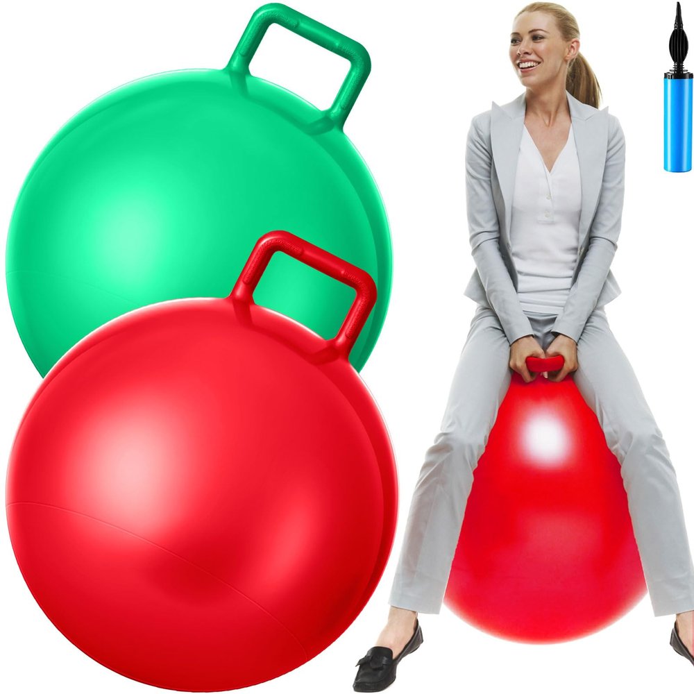 Lewtemi 2 Pcs 29 Inch Big Hopper Ball Jumping Hopping Inflatable Bouncing Ball with Handle and Air Pump for Adults Carnival Outdoor Sports Game(Red, Green)