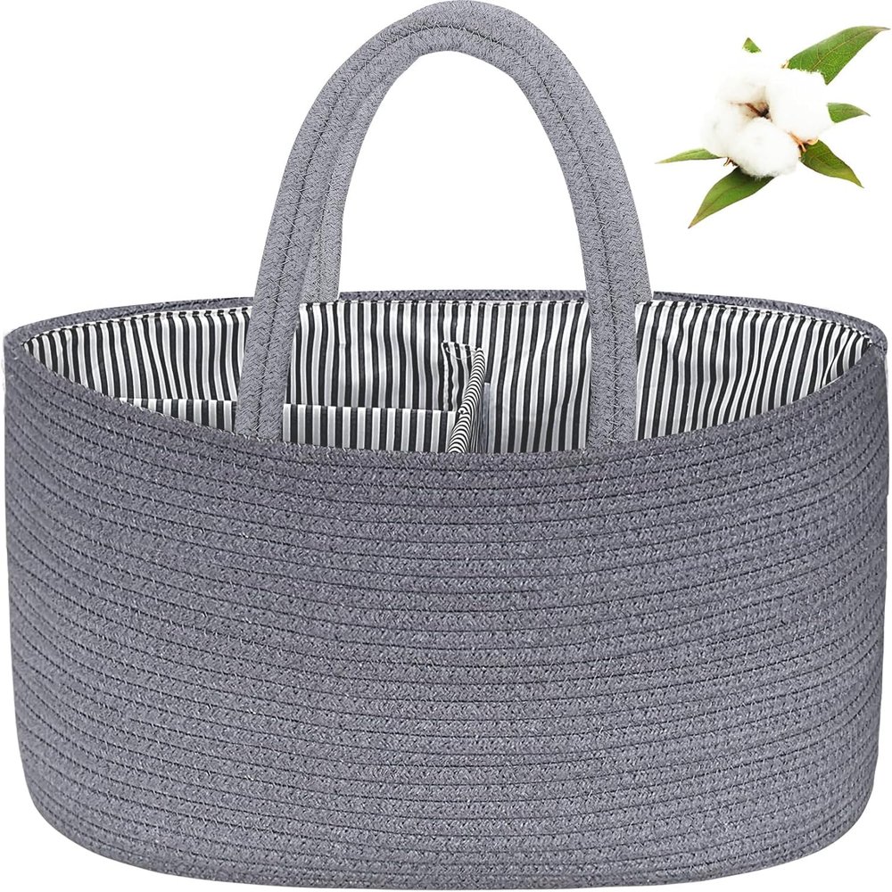 ABenkle X-Large Diaper Caddy Organizer, Cotton Rope Nursery Baby Basket, Changing Table Organizer for Baby Diaper Storage, Grey Boho Rustic