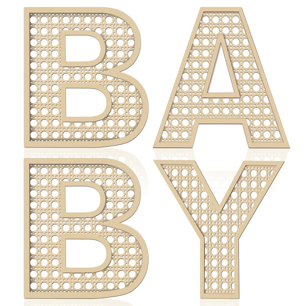 Baby Letters for Baby Shower Wooden Rattan Letters 8 inch 4Pcs for Nursery Wall Decor Large Boho Sign Alphabet Letter for Baby Boy Girl Shower Bedroom Newborn Birthday Gift Home Decorations