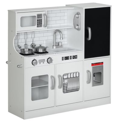 Qaba Kids Kitchen Playset - Pretend Play Toy Kitchen with Phone, Chalkboard, Towel Rack, Ice Maker, 5 Accessories, Storage Space, Microwave & Sink - Gift for 3-8 Years, White