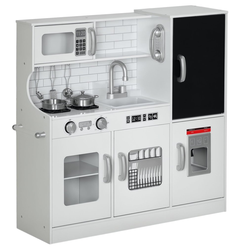 Qaba Kids Kitchen Playset - Pretend Play Toy Kitchen with Phone, Chalkboard, Towel Rack, Ice Maker, 5 Accessories, Storage Space, Microwave & Sink - Gift for 3-8 Years, White