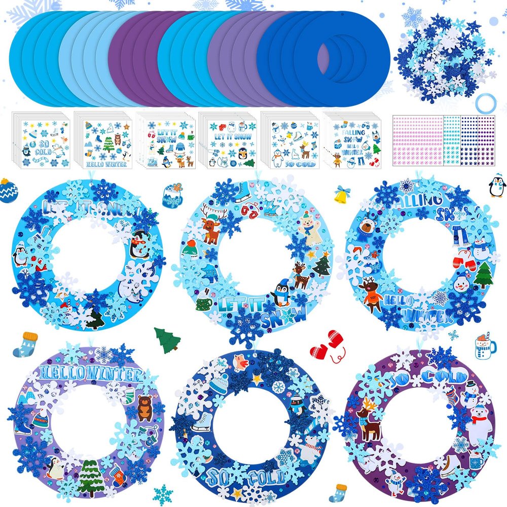 Hollowfly 48 Sets Winter Wreath Craft Kits DIY Snowflake Wreath Hanging Ornaments Make Your Own Paper Craft with Stickers for Winter Xmas Home Party Favors Activities