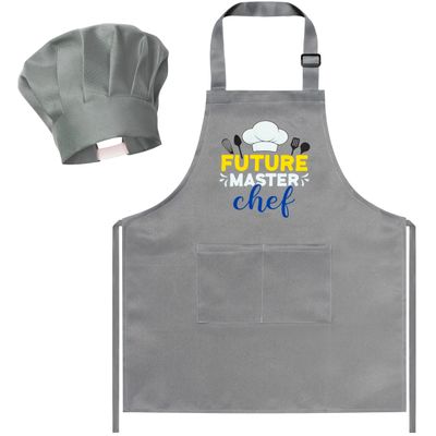 Kid Apron and Chef Hat Set - R HORSE 2Pcs Adjustable Children Gray Kitchen Apron, Dress up Role Play Chef Toy Cooking Baking Painting and Training Kits Kid Funny Cooking Birthday Gift for Kids
