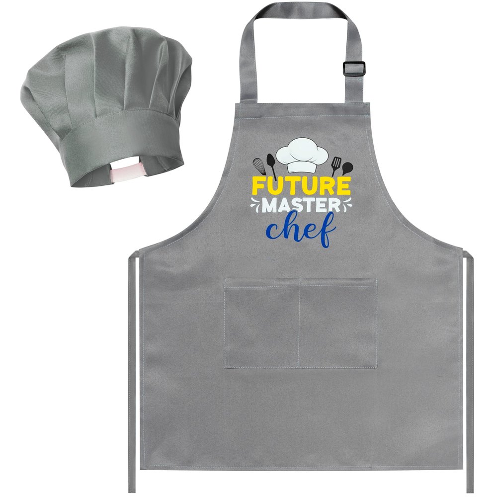 Kid Apron and Chef Hat Set - R HORSE 2Pcs Adjustable Children Gray Kitchen Apron, Dress up Role Play Chef Toy Cooking Baking Painting and Training Kits Kid Funny Cooking Birthday Gift for Kids