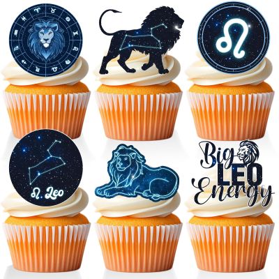 18 PCS Leo Cupcake Toppers Big Lion Zodiac Baby Shower Cupcake Picks Astrology Leo Energy Cake Decor Glitter Leo Birthday Party Decorations Supplies