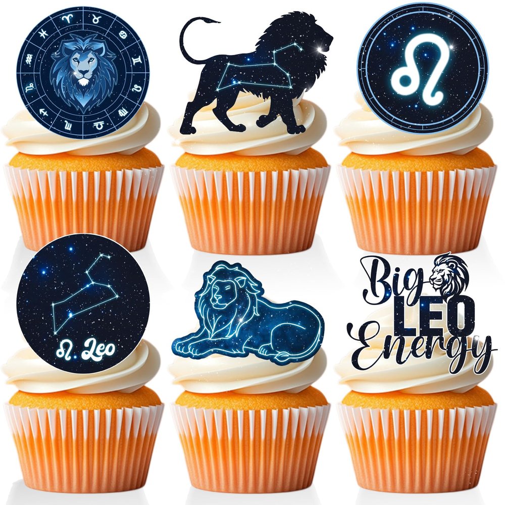 18 PCS Leo Cupcake Toppers Big Lion Zodiac Baby Shower Cupcake Picks Astrology Leo Energy Cake Decor Glitter Leo Birthday Party Decorations Supplies
