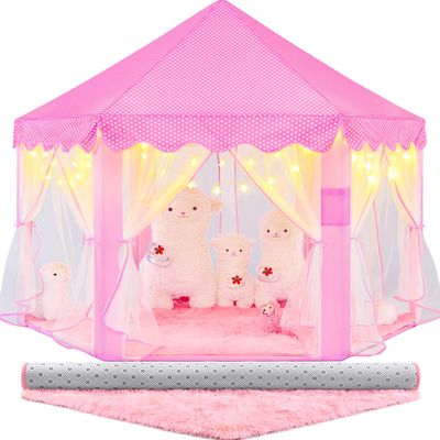 CUBNBUD Princess Tent with Lights and Rug, Playhouse for Girls Age 4-7, Kids Play Tent for Girls Indoor, Castle Playhouse for Toddlers, Pink Princess Toy 55x53 inch