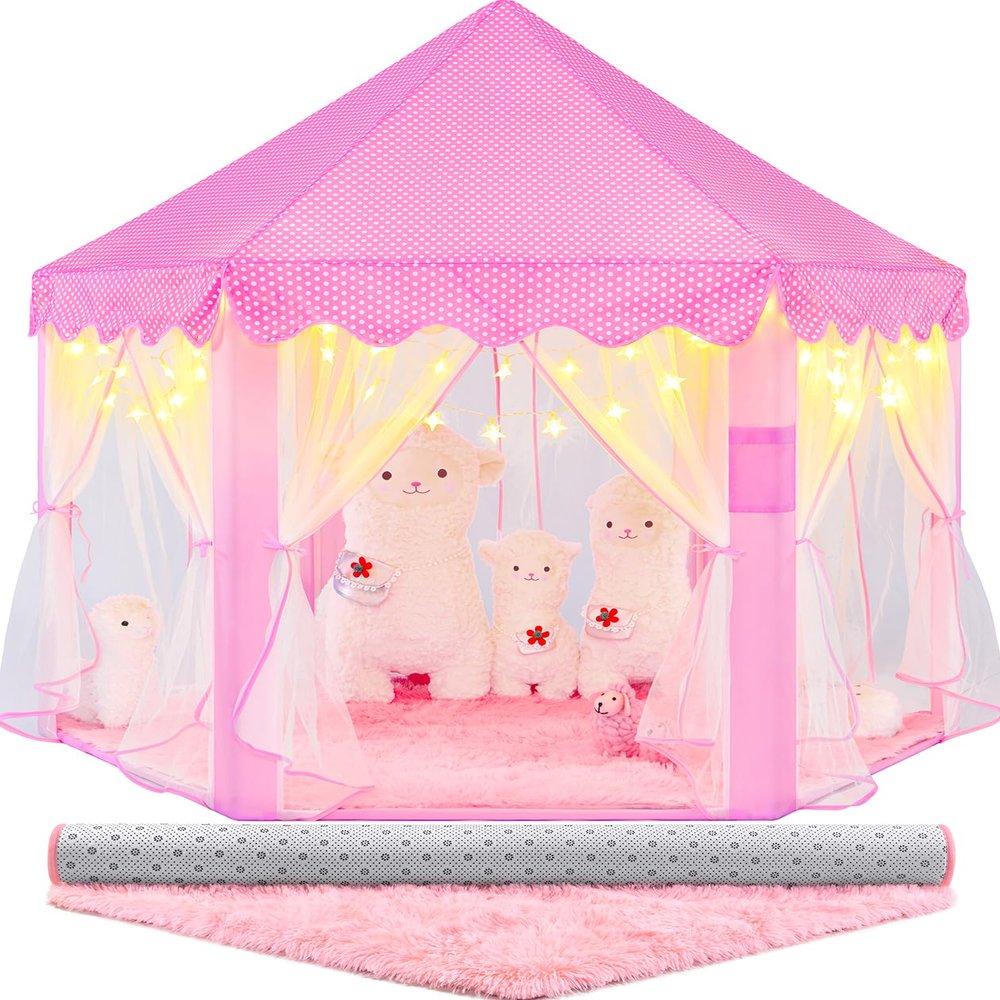 CUBNBUD Princess Tent with Lights and Rug, Playhouse for Girls Age 4-7, Kids Play Tent for Girls Indoor, Castle Playhouse for Toddlers, Pink Princess Toy 55x53 inch