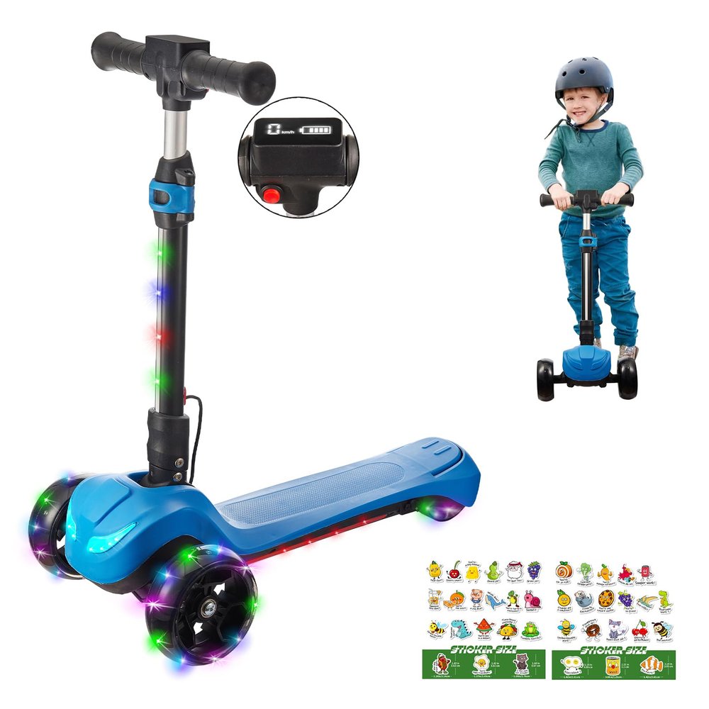 3 Wheel Electric Scooter for Kids Ages 3-8, LCD Display, Colorful Lights, Reliable Thumb Throttle, 3 Adjustable Height, 5Mph Safe Speed and Long Range, Foldable Kids Electric Scooter (Blue)