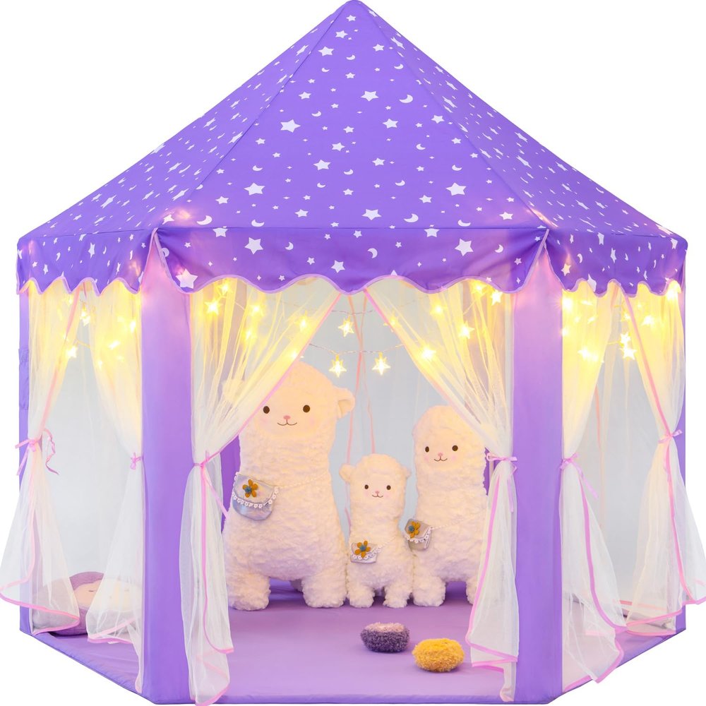 CUBNBUD Princess Tent for Girls Age 4-7 with Star Lights, Kids Play Tent for Girls Indoor, Castle Playhouse Tent for Toddlers, Purple Princess Toy Tent 55x53 inch