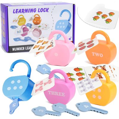 GEERAY Cause and Effect Toys for Toddlers 3+, Montessori Lock & Key Set with 5 Apple-Shaped Locks, Keys & 10 Cards Learn Numbers, Colors & Motor Skills STEM Toy Gift for Home & Classroom