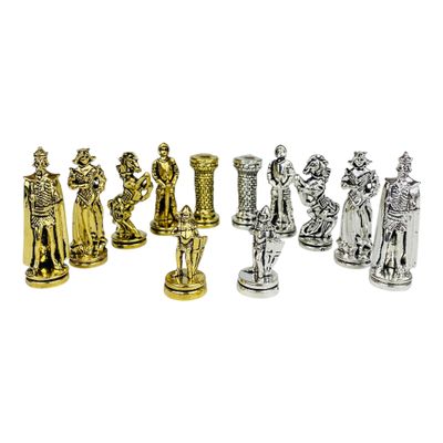 32 Metal Chess Pieces Only- Middle Age British Empire Themed Cast Metal Chess Pieces- 2.6 inch Realistic English History Chessmen with Felt Bottom for Medium and Large Chessboards (Gold-Silver)