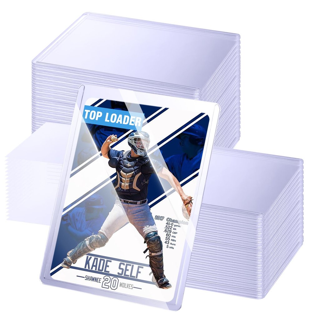 100 Topload Card Holder and 100 Soft Sleeves, JIQEZNL 35pt Topload Hard Card Protectors, 3" x 4" Card Sleeves Hard Plastic, Rigid Toploading Hard Card Case for Collectible Trading Cards