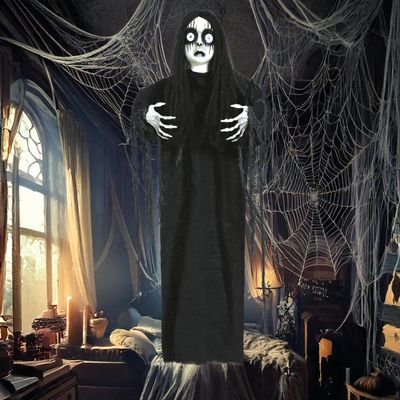 FIESTAS GUIRCA Hanging Figure Doll with Button Eyes (90 cm) - Halloween Decoration with Motion, Light and Sound - Ideal for Creepy Parties and Celebrations - Black