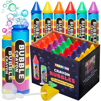 Mini Crayon Bubbles for Kids - (Pack of 24) Bulk 1 Fl Oz Bottles with Wands - Crayon Shape Bubbles in Bright Assorted Colors - Non-Toxic Mini Outdoor Party Favor Toys, Goodie Bags for Spring & Summer