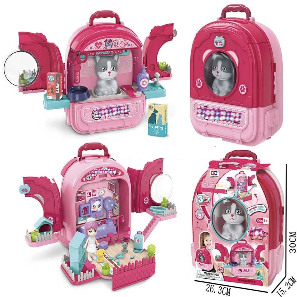 Pet Hospital Deluxe Set Backpack 3 in 1 for Girls Aged 3 to 7 Years, with Acrylic Window and pet & Accessories.