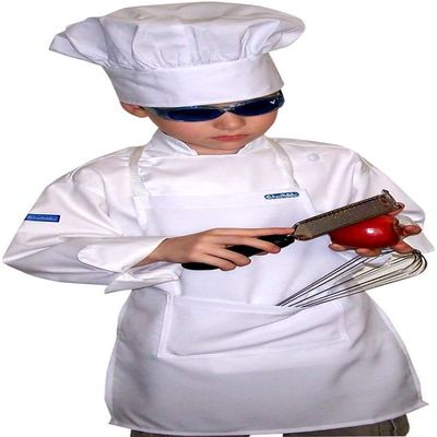 CHEFSKIN Kids Chef Set: 1 Jacket + 1 Hat + 1 Apron, White, Size XXS-XXL (XS Fits Kids 3-4), New Edition