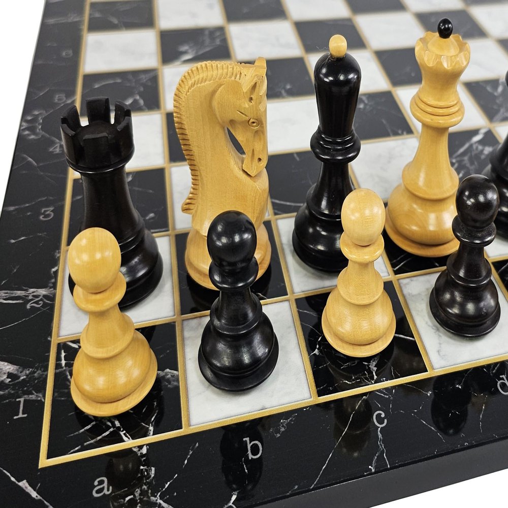 4 Queens Opposite Tops 3 3/4 Inch King Staunton Black Boxwood Chess Men Set with 16 1/2 inch Black and White Faux Marble Alpha Numeric Board