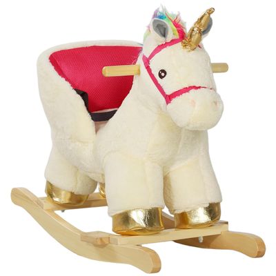 Qaba Kids Rocking Horse, Ride on Unicorn with Realistic Sounds, Safety Belt & Wooden Base, Plush Animal Rocker for Toddlers 18-36 Months, Cream White