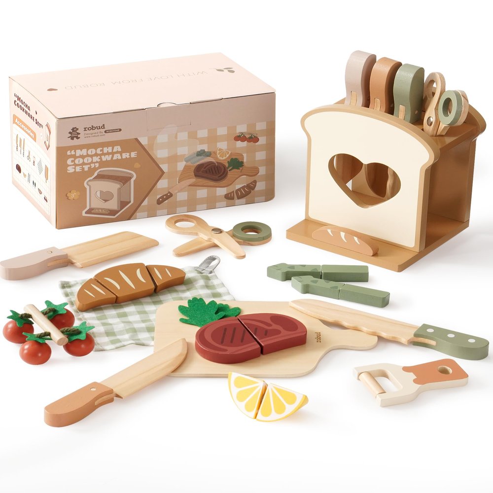 ROBUD 16pcs Kids Play Kitchen Knife Set - Wooden Cooking Playset, Montessori-Inspired Pretend Kitchen Toys for Toddlers, Role Play Gift for Boys and Girls