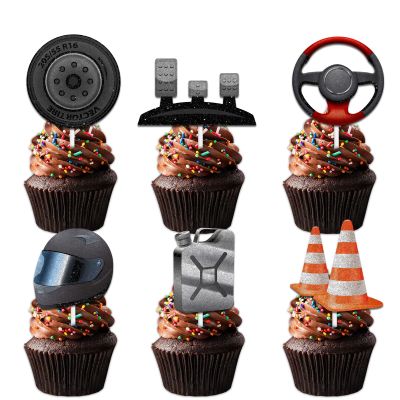 18pcs Glitter Car Steering Wheel Helmet Dessert Cupcake Topper Pick for Race Car Vehicle Repair Theme Decor Supplies Men woman Happy Birthday Party Decorations