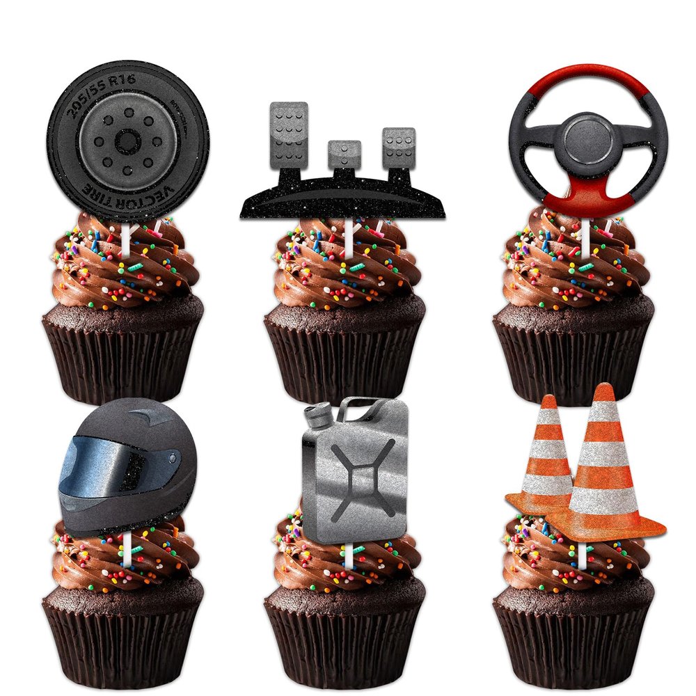 18pcs Glitter Car Steering Wheel Helmet Dessert Cupcake Topper Pick for Race Car Vehicle Repair Theme Decor Supplies Men woman Happy Birthday Party Decorations