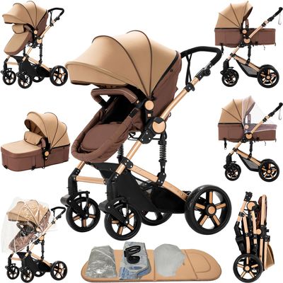 2 in 1 Baby Stroller, Convertible Foldable Standard Stroller, Reversible Pushchair Infant Buggy Carriage, Portable High Landscape Pram for Toddler Newborn, Aluminum Alloy (2US588-KHAKI)