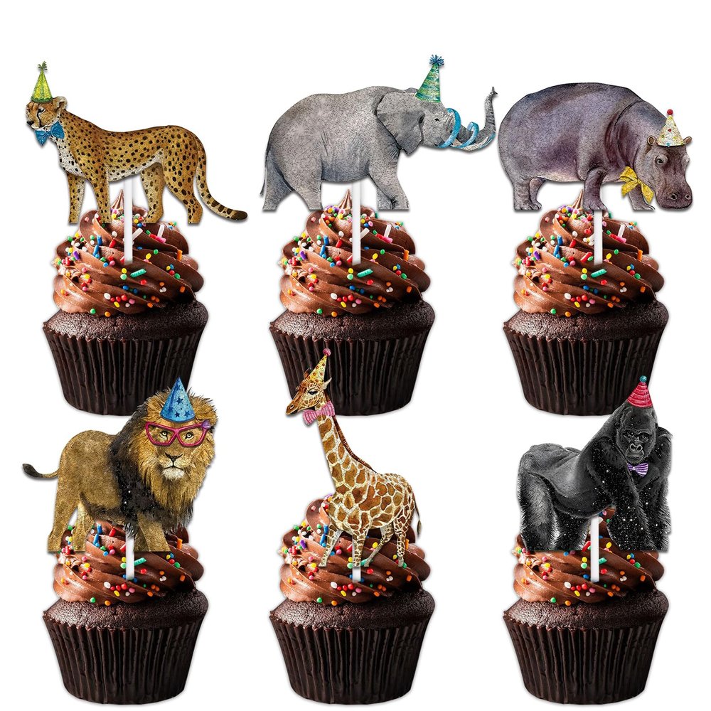 18pcs Glitter Lion Gorilla Dessert Cupcake Topper Pick for Wild Animal Theme Decor Supplies Baby Shower Men Women kids Happy Birthday Party Decoration