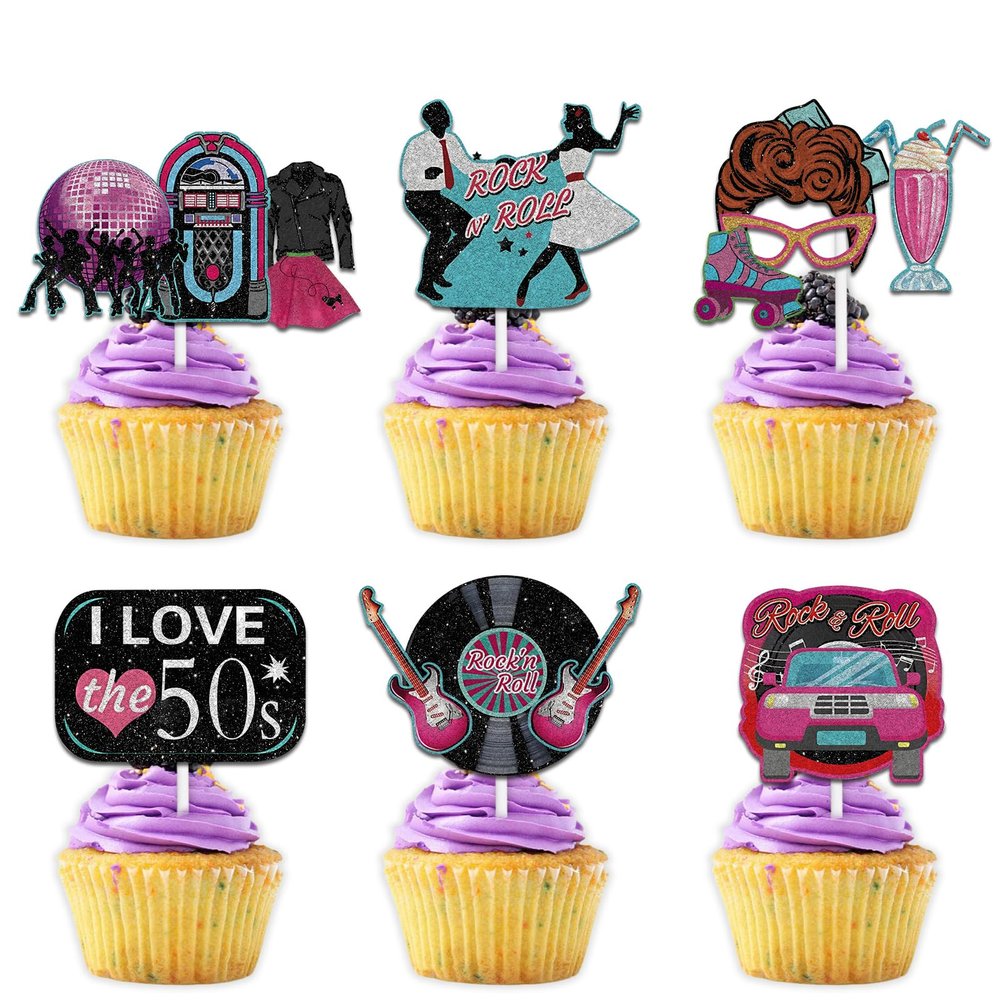18pcs Pink Glitter CD Microphone Dessert Cupcake Topper Pick for Retro 50s I Love The 50S Theme Men Women Theme Decor Supplies Happy Birthday Decorations