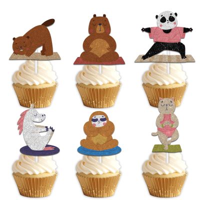 18pcs Glitter Dessert Cupcake Topper Pick for Cute Animal Yoga Shower Theme Decor Supplies Baby Shower Woman man Happy Birthday Party Decoration
