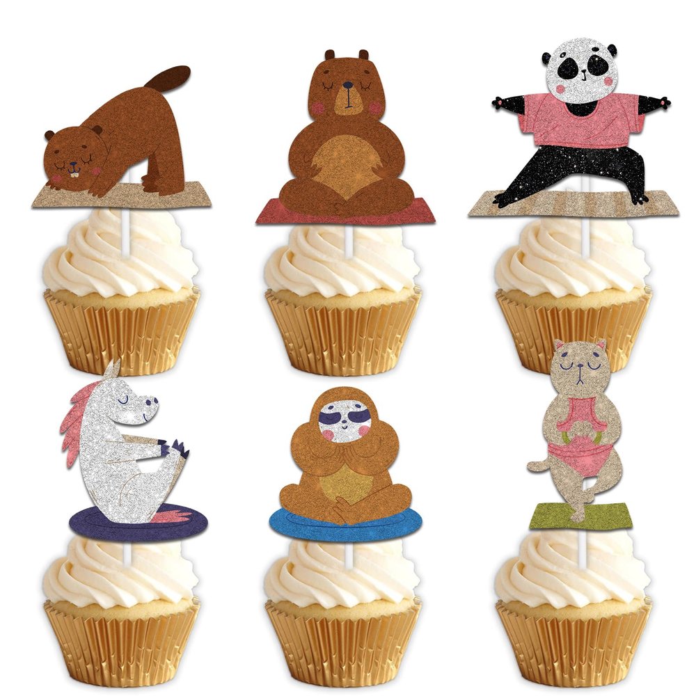 18pcs Glitter Dessert Cupcake Topper Pick for Cute Animal Yoga Shower Theme Decor Supplies Baby Shower Woman man Happy Birthday Party Decoration