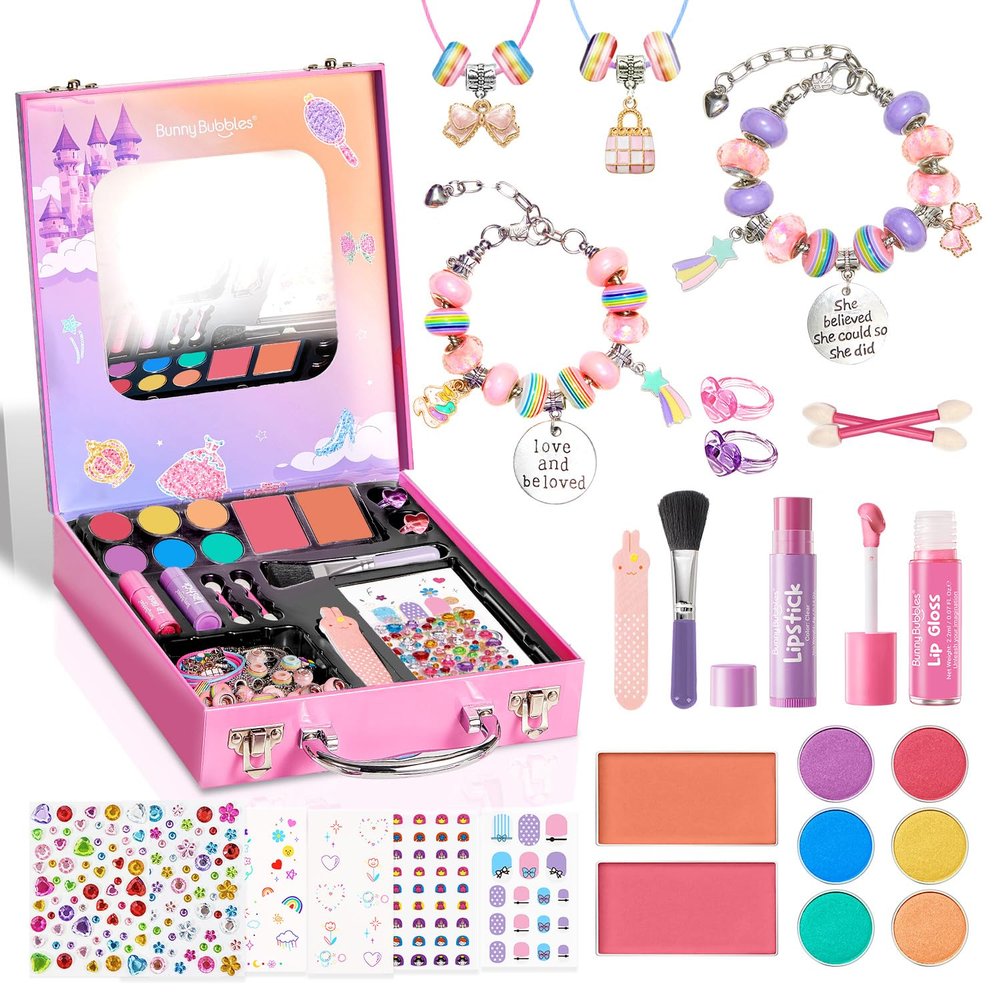 Kids Makeup & Jewelry Kit for Girls - Washable Real Cosmetics Set with Bracelet-Making for Children Toddler, Princess Dress-Up Toy, Ideal Winter Birthday Gift for 4-12 Year Olds (Pink)
