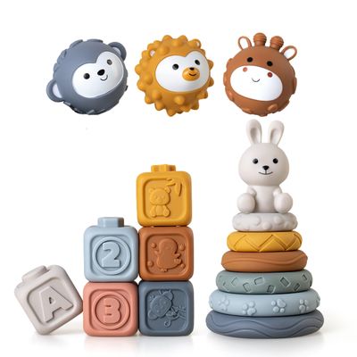 3 in 1 Baby Toys Bundle,Soft Stacking Building Blocks,Teething Ring & Sensory Balls for Newborn to 18 Months| Soft Textured Design,Perfect for Sensory Development, Motor Skills (Family Edition)