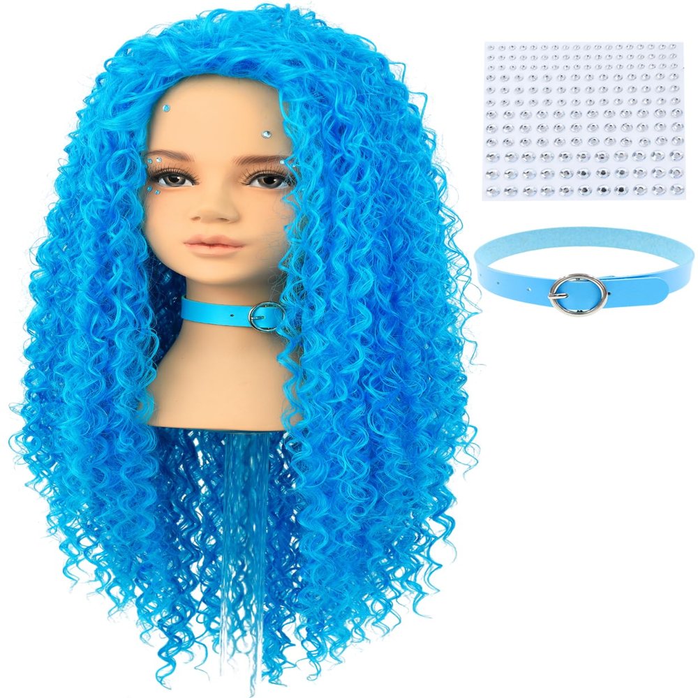 AMZCOS Kids Long Wavy Curly Blue Heat Resistant Synthetic Hair Wigs with Blue Choker and Stickers for Girls Toddler Halloween Costume Party (Small Size)