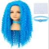 AMZCOS Kids Long Wavy Curly Blue Heat Resistant Synthetic Hair Wigs with Blue Choker and Stickers for Girls Toddler Halloween Costume Party (Small Size) view 1