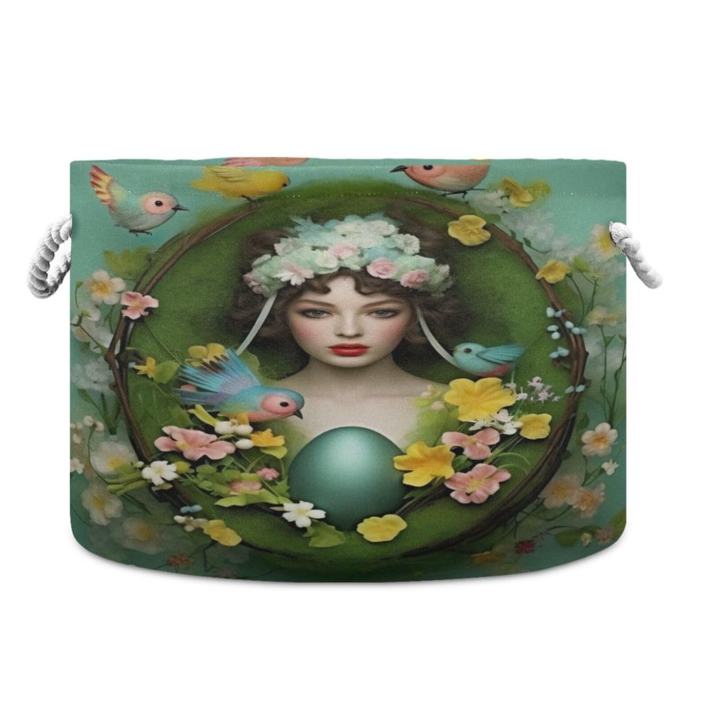 Kigai Easter Elves Round Storage Basket with Cotton Rope,Large Collapsible Laundry Basket Blanket Toy Clothes Storage Bin for Bedroom Bathroom Nursery