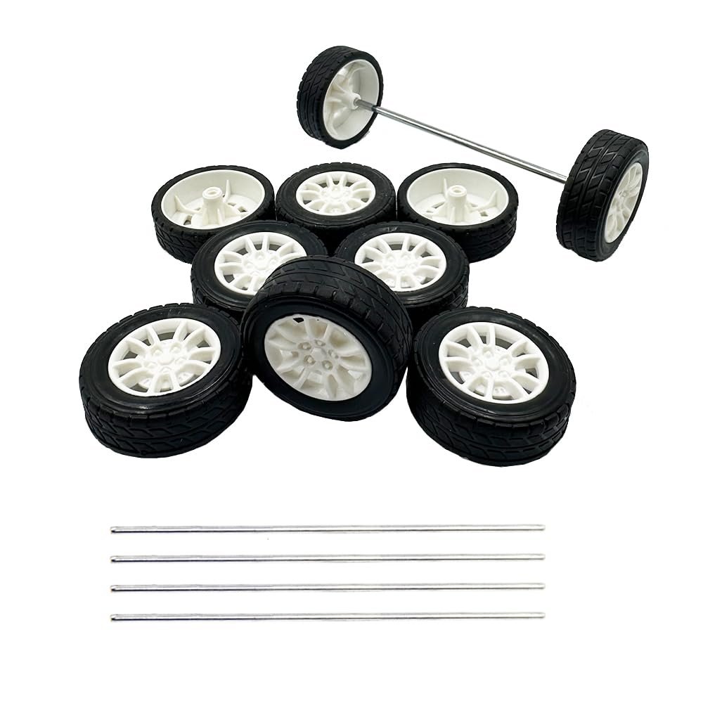 10PCS Toy Car Wheels Rubber Tire with 5PCS Shaft Round Axles for for DIY Model Toy RC Car Accessories (3X38MM)