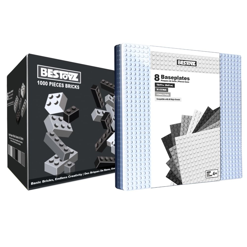 Bestoyz 1000 Building Bricks Set + 8 Pack Baseplates Bundle, Black/White/Dark Grey/Light Grey