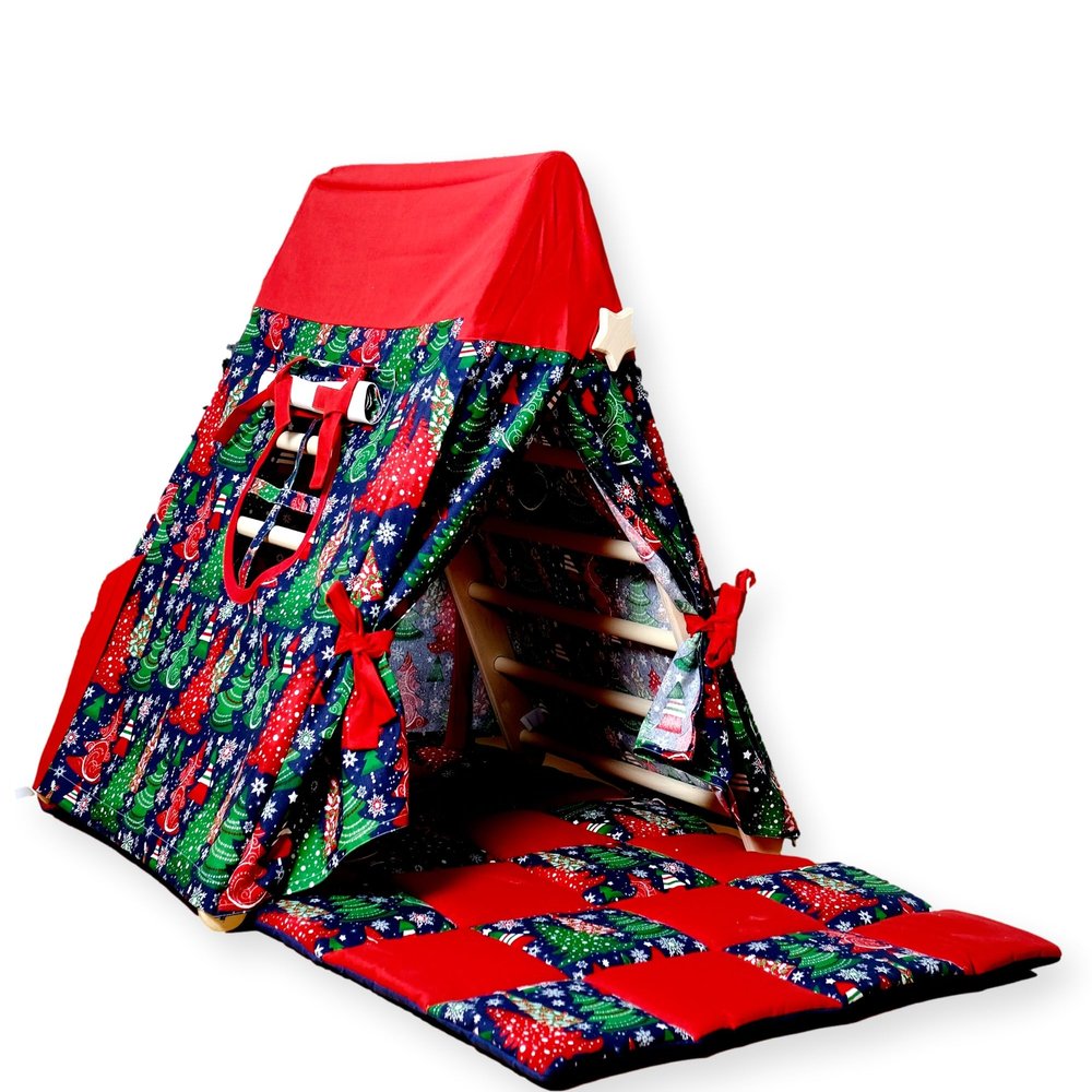 Triangle and Playhouse Tent for Kid's | Kids Tent with Climbing Triangle | Tent & Mat & Triangle | Indoor Play Tent Tepee for Kids | Sleepover Play Tent & Mat with Climbing Frame (RED)