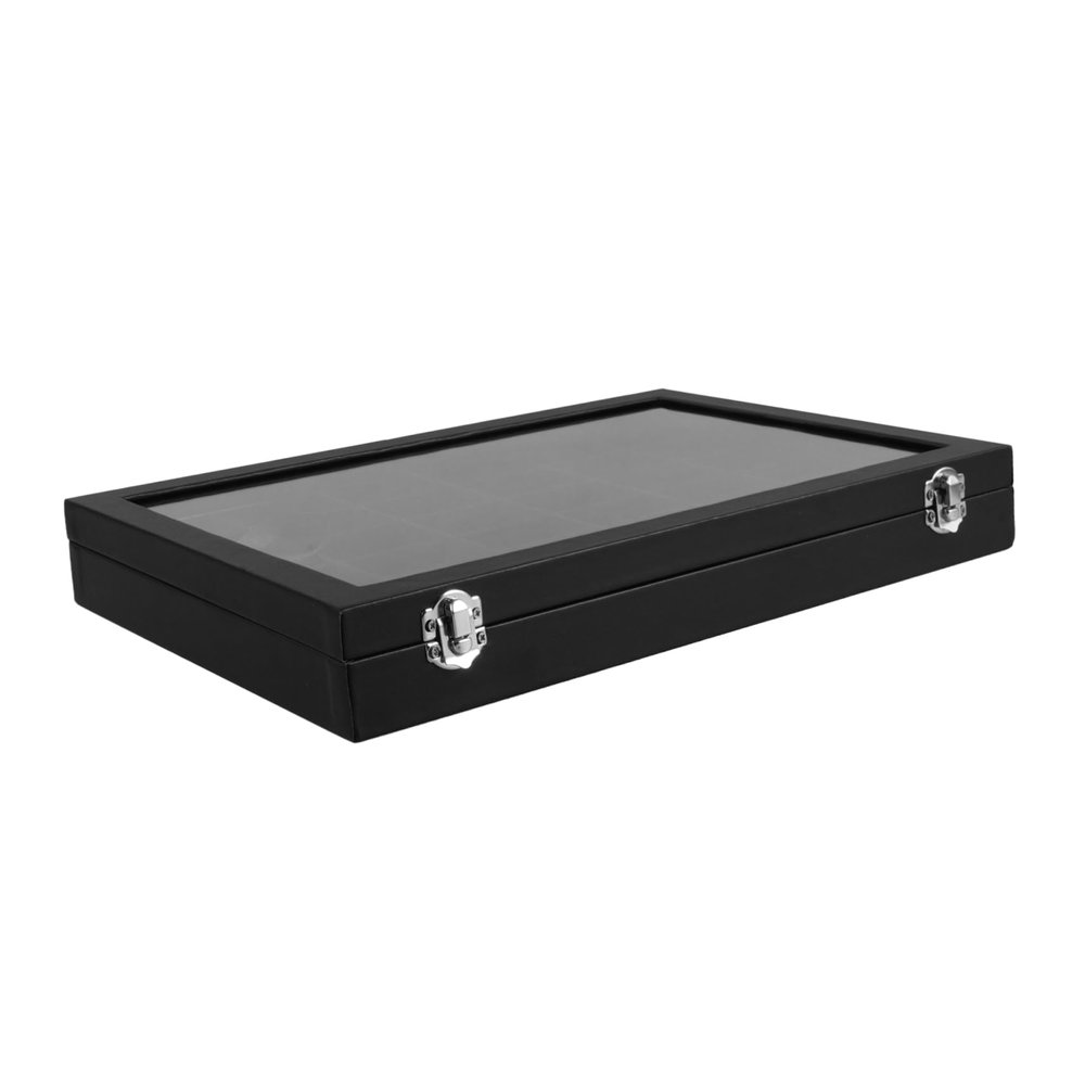 JEWEDECO 36grid Large Rock Collection Display Box Pu Leather Black for Boys and Collecting Storage