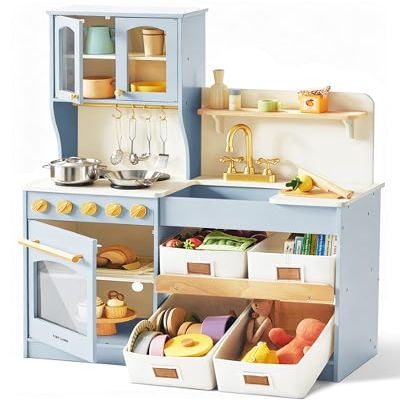 Tiny Land Wooden Play Kitchen for Kids Enhanced Storage with Cabinets & Bins, Modern Toddler Kitchen Playset with Stove, Sink & Accessories