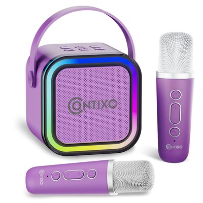 Contixo KS1 Mini Karaoke Machine for Kids, Portable Bluetooth Speaker with 2 Wireless Microphones & Dynamic Lights for Boys & Girls, Home Party Entertainment Toy (Purple)
