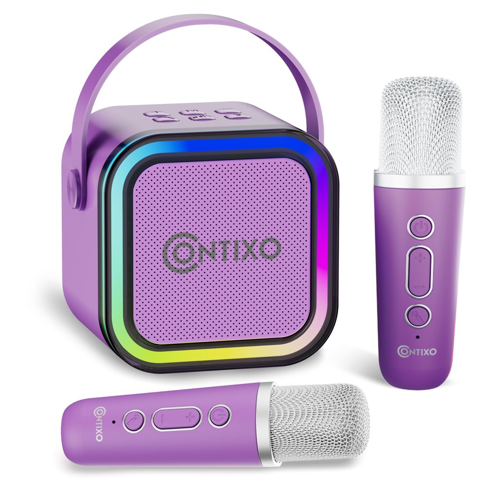Contixo KS1 Mini Karaoke Machine for Kids, Portable Bluetooth Speaker with 2 Wireless Microphones & Dynamic Lights for Boys & Girls, Home Party Entertainment Toy (Purple)