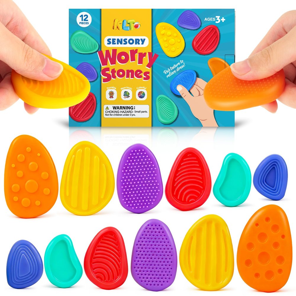 Fidget Toys Sensory Stone for Kids: 12 Pack Texture Worry Stone - Soothing Sensory Tools for Autism Children Calming - Quiet Fidgets for Student Classroom Prizes Easter Basket Stuffers Egg Fillers