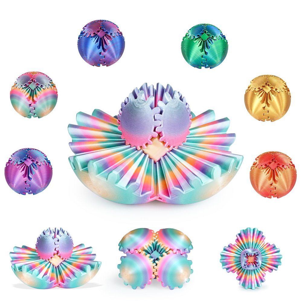 Gear Ball, 3D Printed Gear Sphere Fidget Toy, Sensory Stress Relief Ball for Kids and Adults, ADHD Autism Desk Toy Stocking Stuffer Unique Fun Office White Elephant Gift (Rainbow, 2.6 inches)