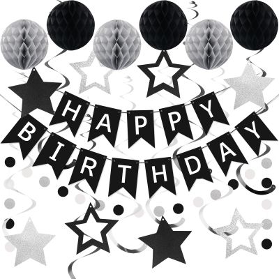 meowtastic Birthday Decorations, Happy Birthday Banner with Honeycomb Balls, Star Hanging Swirl Streamer, Circle Dot Garland, Happy Birthday Party Decoration for Women Men Boys Girls (Black & Silver)