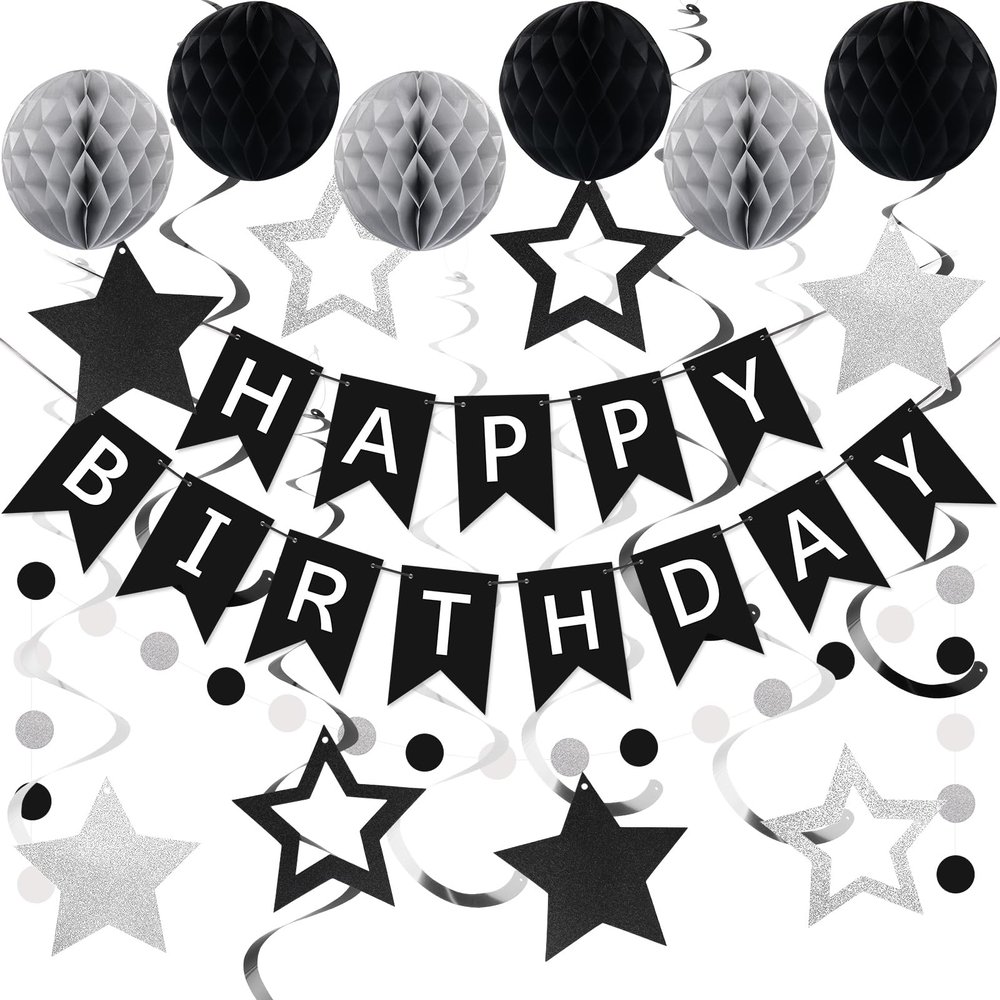 meowtastic Birthday Decorations, Happy Birthday Banner with Honeycomb Balls, Star Hanging Swirl Streamer, Circle Dot Garland, Happy Birthday Party Decoration for Women Men Boys Girls (Black & Silver)