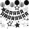 meowtastic Birthday Decorations, Happy Birthday Banner with Honeycomb Balls, Star Hanging Swirl Streamer, Circle Dot Garland, Happy Birthday Party Decoration for Women Men Boys Girls (Black & Silver) view 1