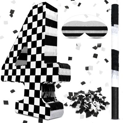 Lewtemi Race Car Number 4 Piata Small Checkered Race Car Birthday Party Decoration Black and White Racing Piata with Stick Confetti Eye Mask for Celebration 15.3 x 10.6 x 2.8 Inch